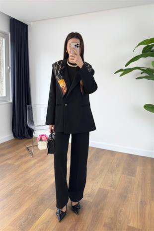 Gesina Siyah Blazer Ceket Palazzo Pantolon Takım