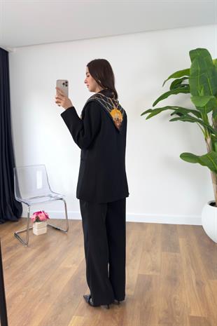Gesina Siyah Blazer Ceket Palazzo Pantolon Takım