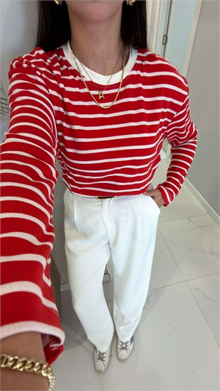 Ginry Kırmızı Ekru Çizgili Sweat