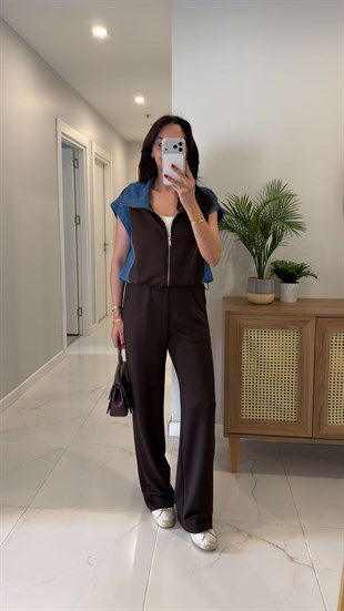 Giolsy Kahve Denim Detaylı Yelek Pantolon Takım