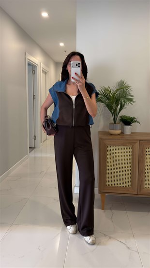 Giolsy Kahve Denim Detaylı Yelek Pantolon Takım