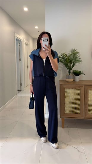 Giolsy Lacivert Denim Detaylı Yelek Pantolon Takım