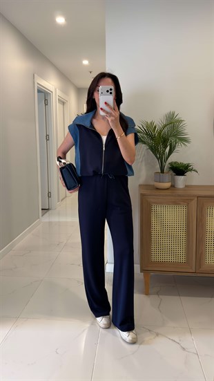 Giolsy Lacivert Denim Detaylı Yelek Pantolon Takım