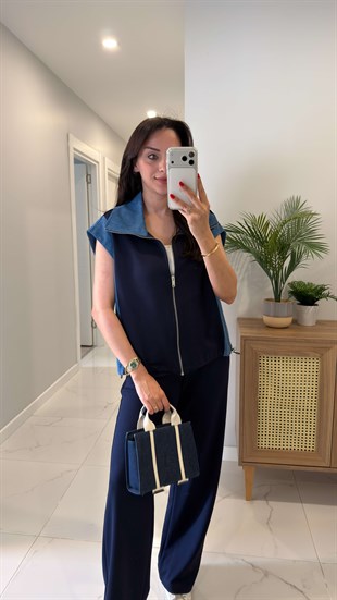 Giolsy Lacivert Denim Detaylı Yelek Pantolon Takım