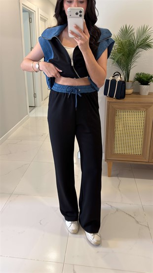 Giolsy Siyah Denim Detaylı Yelek Pantolon Takım