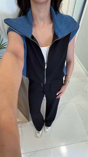 Giolsy Siyah Denim Detaylı Yelek Pantolon Takım