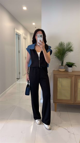 Giolsy Siyah Denim Detaylı Yelek Pantolon Takım