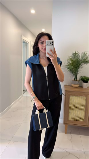 Giolsy Siyah Denim Detaylı Yelek Pantolon Takım