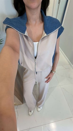 Giolsy Taş Denim Detaylı Yelek Pantolon Takım