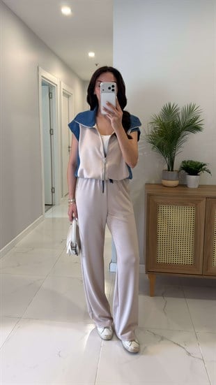 Giolsy Taş Denim Detaylı Yelek Pantolon Takım