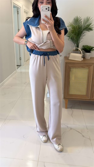 Giolsy Taş Denim Detaylı Yelek Pantolon Takım