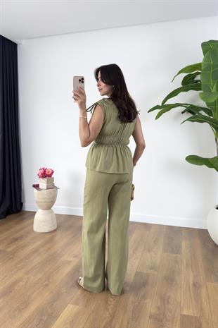 Gisa Çağla Yeşili Lastik Detaylı Bluz Pantolon Takım
