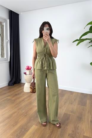 Gisa Çağla Yeşili Lastik Detaylı Bluz Pantolon Takım