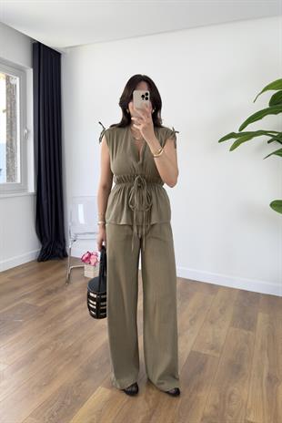 Gisa Haki Lastik Detaylı Bluz Pantolon Takım