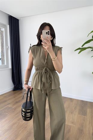 Gisa Haki Lastik Detaylı Bluz Pantolon Takım