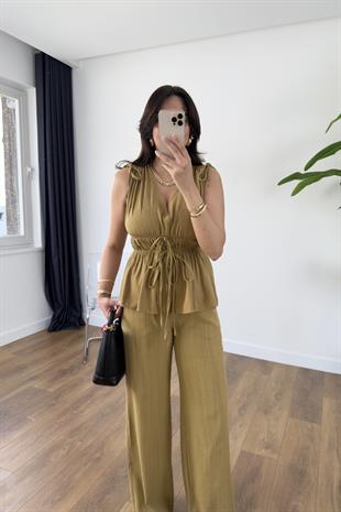 Gisa Hardal Lastik Detaylı Bluz Pantolon Takım