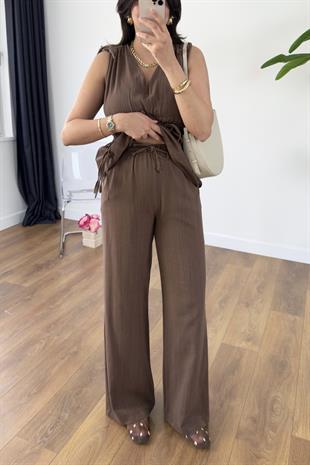 Gisa Kahve Lastik Detaylı Bluz Pantolon Takım