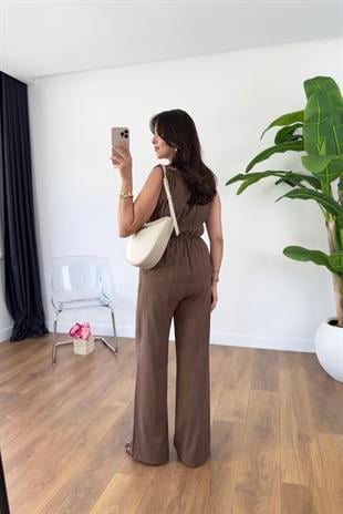 Gisa Kahve Lastik Detaylı Bluz Pantolon Takım