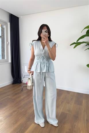 Gisa Mavi Lastik Detaylı Bluz Pantolon Takım