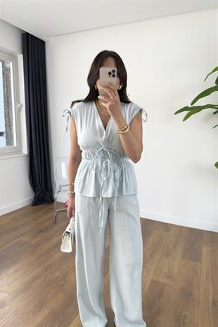 Gisa Mavi Lastik Detaylı Bluz Pantolon Takım