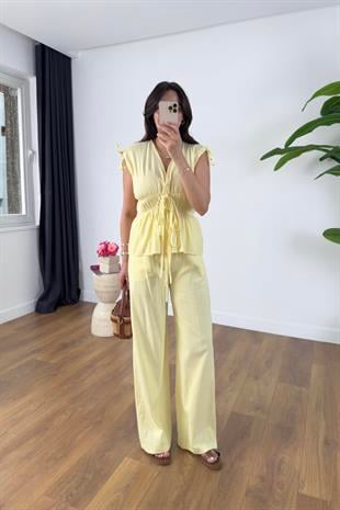 Gisa Sarı Lastik Detaylı Bluz Pantolon Takım