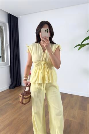 Gisa Sarı Lastik Detaylı Bluz Pantolon Takım