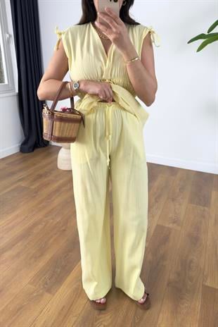 Gisa Sarı Lastik Detaylı Bluz Pantolon Takım
