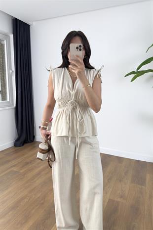 Gisa Taş Lastik Detaylı Bluz Pantolon Takım