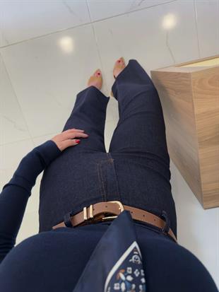 Gita Dark Blue Kemerli Kesik Paça Straight Jean