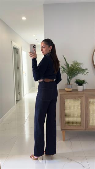 Gita Dark Blue Kemerli Kesik Paça Straight Jean