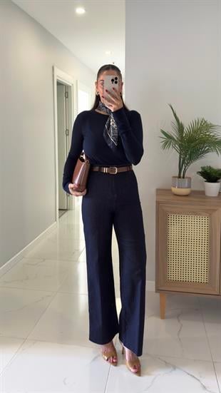 Gita Dark Blue Kemerli Kesik Paça Straight Jean