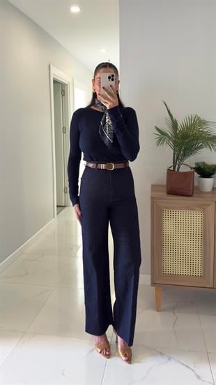 Gita Dark Blue Kemerli Kesik Paça Straight Jean
