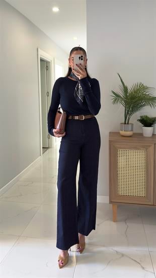 Gita Dark Blue Kemerli Kesik Paça Straight Jean