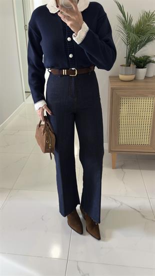 Gita Dark Blue Nubuk Kemerli Kesik Paça Straight Jean