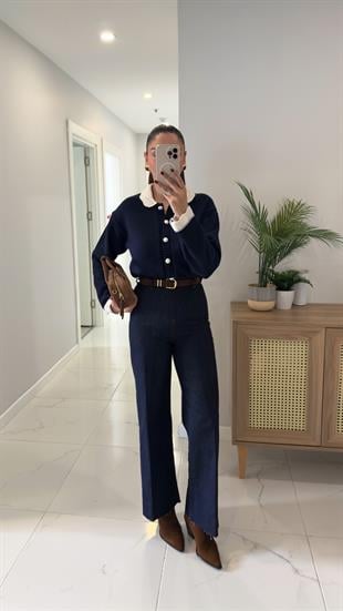 Gita Dark Blue Nubuk Kemerli Kesik Paça Straight Jean