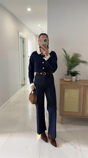 Gita Dark Blue Nubuk Kemerli Kesik Paça Straight Jean