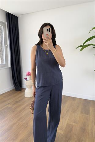 Glow Lacivert Keten Kolsuz Bluz Pantolon Takım