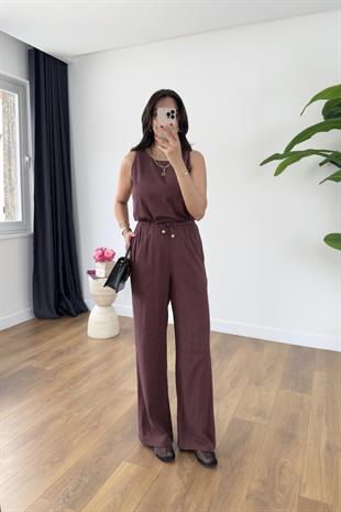Glow Mürdüm Keten Kolsuz Bluz Pantolon Takım