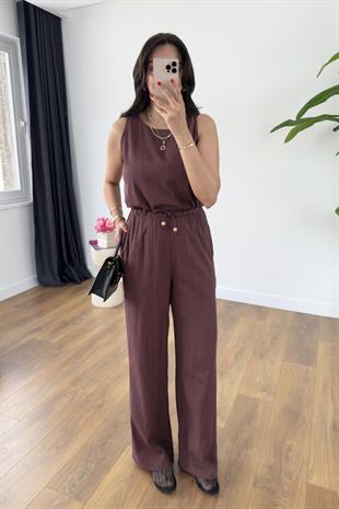 Glow Mürdüm Keten Kolsuz Bluz Pantolon Takım