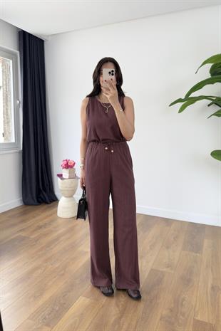 Glow Mürdüm Keten Kolsuz Bluz Pantolon Takım