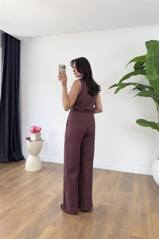 Glow Mürdüm Keten Kolsuz Bluz Pantolon Takım