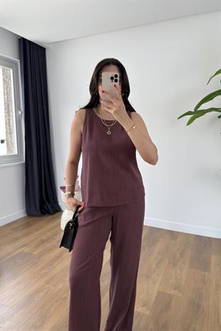 Glow Mürdüm Keten Kolsuz Bluz Pantolon Takım