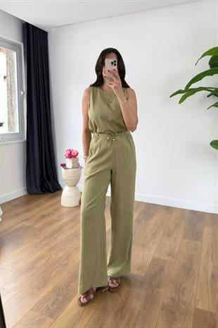 Glow Olive Keten Kolsuz Bluz Pantolon Takım