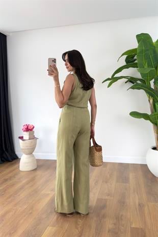Glow Olive Keten Kolsuz Bluz Pantolon Takım
