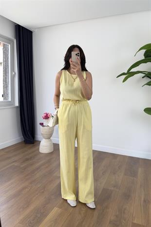 Glow Sarı Keten Kolsuz Bluz Pantolon Takım