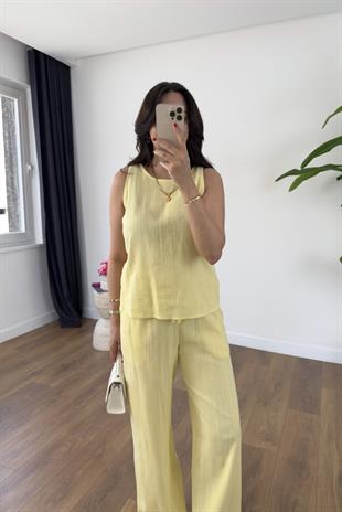 Glow Sarı Keten Kolsuz Bluz Pantolon Takım