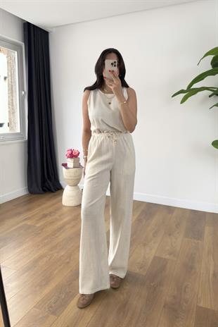 Glow Taş Keten Kolsuz Bluz Pantolon Takım