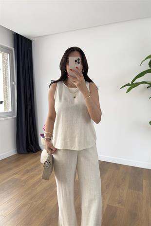 Glow Taş Keten Kolsuz Bluz Pantolon Takım