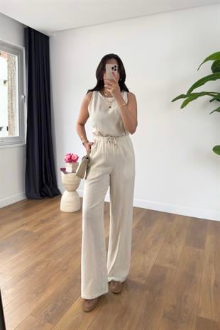 Glow Taş Keten Kolsuz Bluz Pantolon Takım