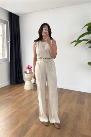 Glow Taş Keten Kolsuz Bluz Pantolon Takım